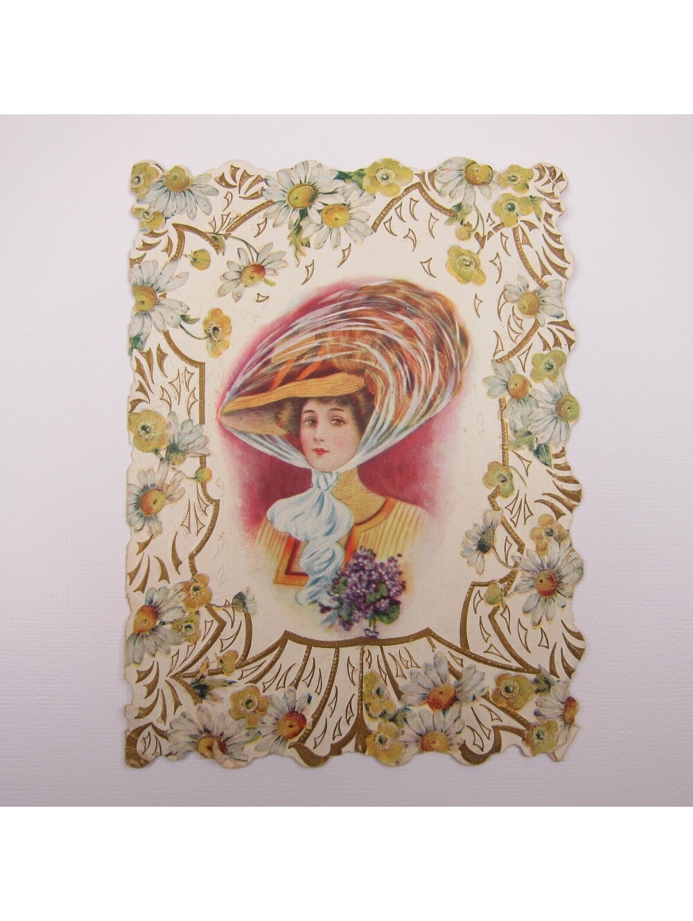 Vintage Valentine Card 1910s Woman Straw Hat Feather Scarf Flower Die cut Bifold